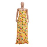 Yellow Cartoon Print Maxi Slip Dress