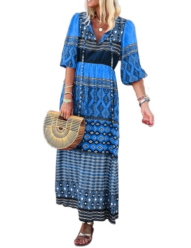 Blue Boho Print Long Dress with Half Sleeves