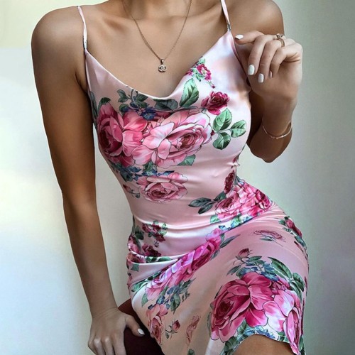Pink Floral Satin Long Slip Gown