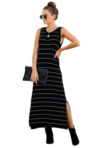 Black Striped Slit Sleeveless Casual Long Dress