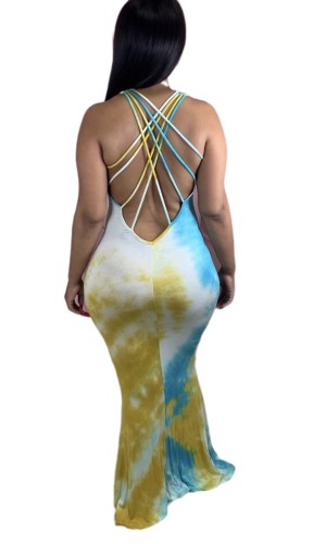 Tie Dye Multicolor Criss-cross Back Long Dress