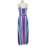 Colorful Stripes Belted  Long Slip Dress