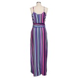 Colorful Stripes Belted Pocket Long Slip Dress