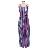 Colorful Stripes Belted Pocket Long Slip Dress