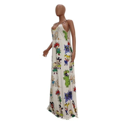 White Cartoon Print Maxi Slip Dress