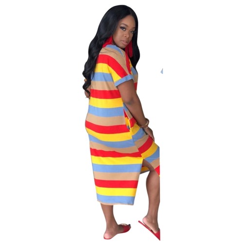 Print Striped Colorful Slit Long T-Shirt Dress