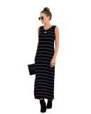 Black Striped Slit Sleeveless Casual Long Dress
