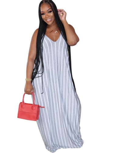 Light Gray Striped Strap Casual Maxi Dress