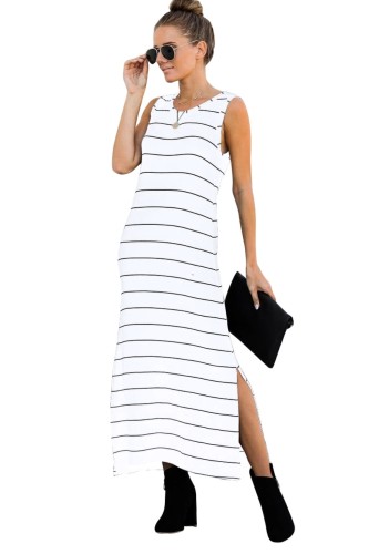 White Striped Slit Sleeveless Casual Long Dress
