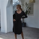 Black O-Neck Long Sleeve Drawstring Slit Long Dress