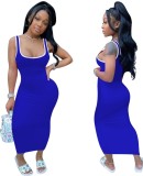 Blue Contrast Binding Bodycon Long Vest Dress