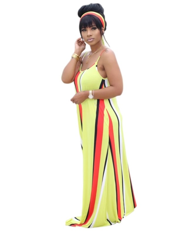 Yellow Stripes Belted  Long Slip Dress