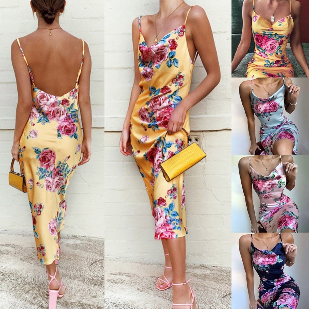 Yellow Floral Satin Long Slip Gown US 5.62