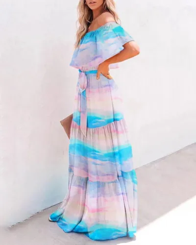 Off Shoulder Tie Dye Belted Maxi Dress