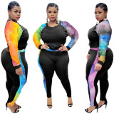 Plus Size Contrast Patchwork Two Piece Pants Set