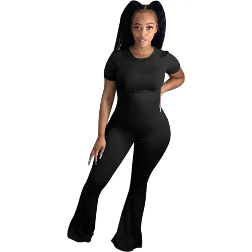 Black Short Sleeve Bell Bottom Jumpsuit