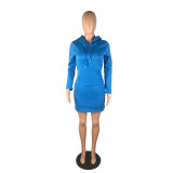 Blue Long Sleeve Hooded Dress with Front Pocket