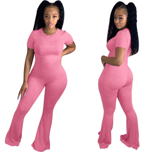 Pink Short Sleeve Bell Bottom Jumpsuit