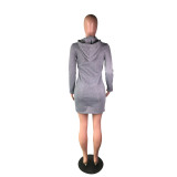 Gray Long Sleeve Hooded Dress with Front Pocket