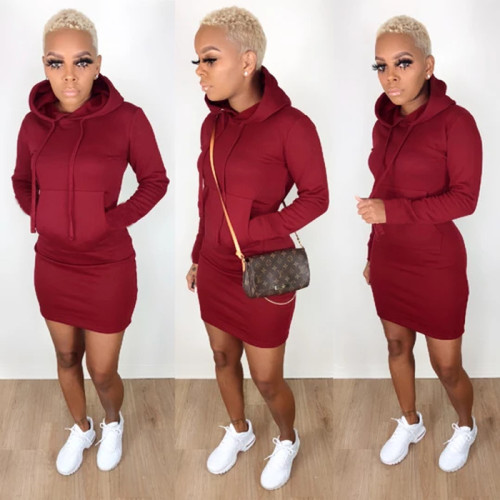 Long Sleeve Burgundy Hooded Dress with Front Pocket