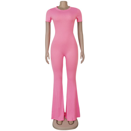 Pink Short Sleeve Bell Bottom Jumpsuit