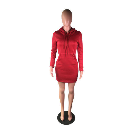 Long Sleeve Burgundy Hooded Dress with Front Pocket