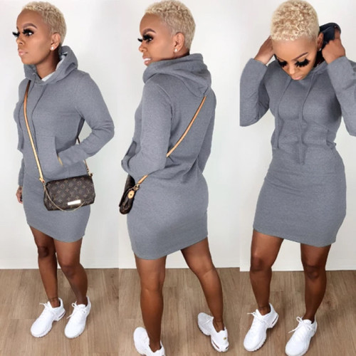 Gray Long Sleeve Hooded Dress with Front Pocket