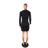 Black Long Sleeve Hooded Dress with Front Pocket