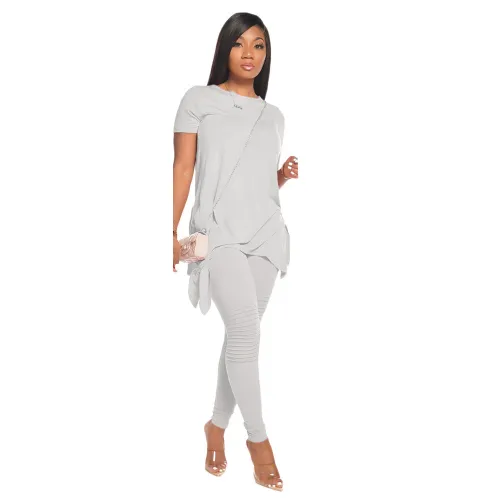 Gray Tie Side Ruched Two Piece Pants Set
