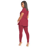 Burgundy Tie Side Ruched Two Piece Pants Set