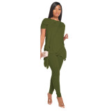 Army Green Tie Side Ruched Two Piece Pants Set