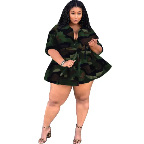 Camo Green Print Waist TIe Flare Coat