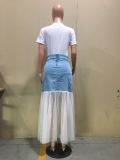 Mesh Splicing Blue Denim Long Skirt