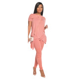 Pink Tie Side Ruched Two Piece Pants Set