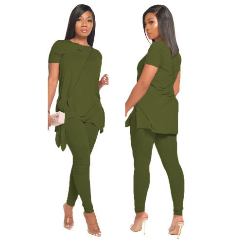 Army Green Tie Side Ruched Two Piece Pants Set