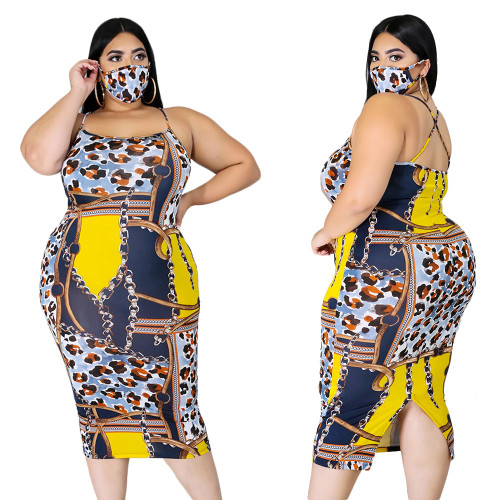Plus Size Leopard Chain Print Straps Bodycon Dress