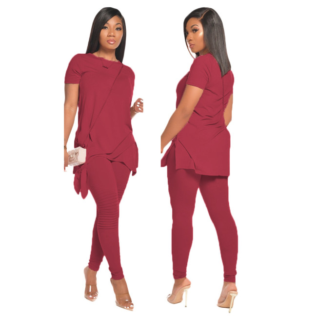 Burgundy Tie Side Ruched Two Piece Pants Set