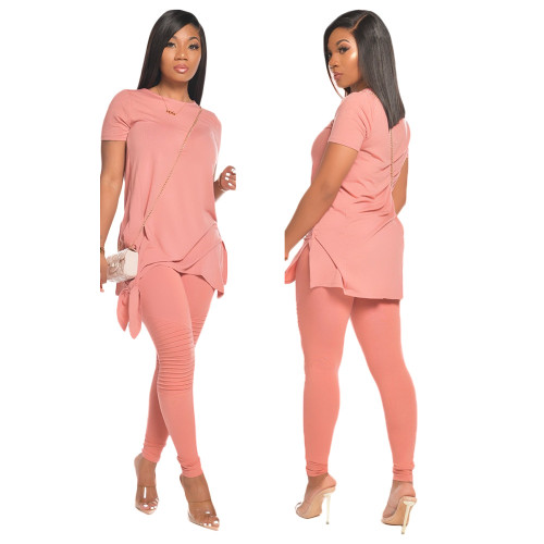 Pink Tie Side Ruched Two Piece Pants Set