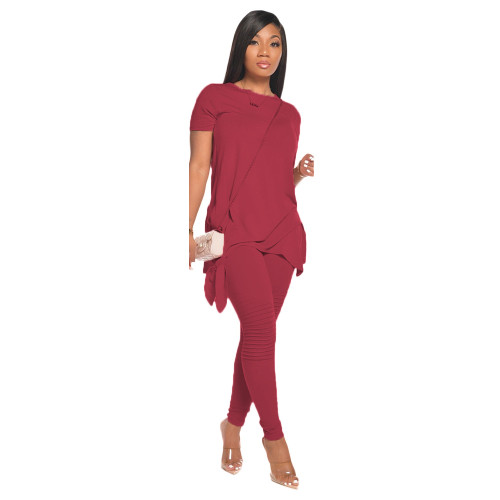 Burgundy Tie Side Ruched Two Piece Pants Set