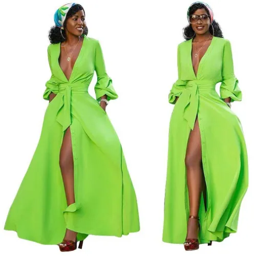 Green Sexy Button Up Long Shirt Dress