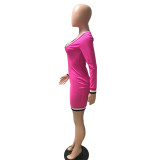 Plus Size Hot Pink V Neck Bodycon Dress with Sleeve