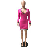 Plus Size Hot Pink V Neck Bodycon Dress with Sleeve