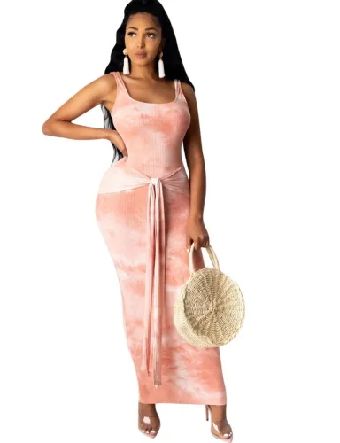 Tie Dye Coral Pink Belted Long Vest Dress