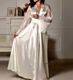 White Belted Long Bed Dress with Lace Bell Sleeves