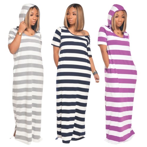 White and Gray Stripes Hoody Long Dress