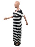 Black Stripes V-Neck Slit Long Dress