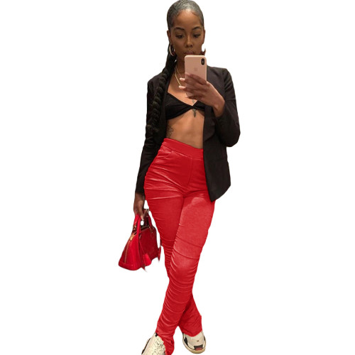 Fashion Red Stacked Slit Pants with Pockets