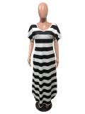 Black Stripes V-Neck Slit Long Dress