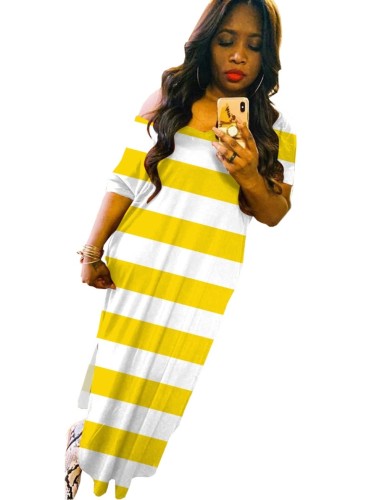 Yellow Stripes Asymmetrical Neck Slit Long Dress