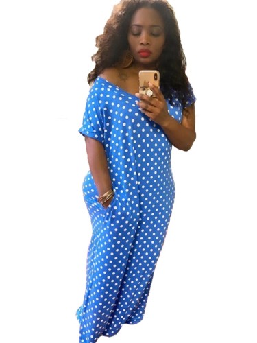 Blue Polka Dot Pocket Slit Long Dress